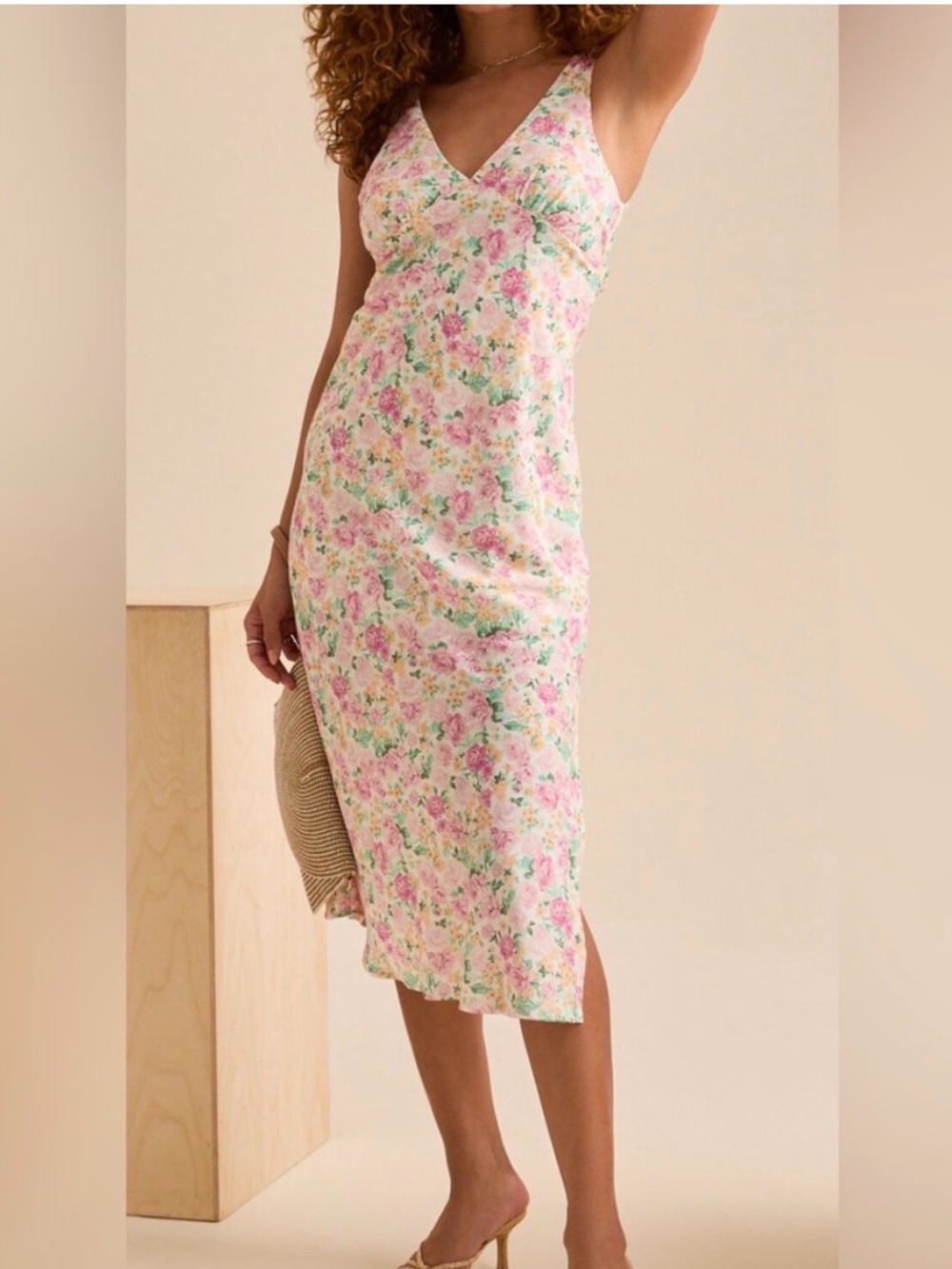 Altar'd State Pink Floral V-Neck Midi Slip Dress
